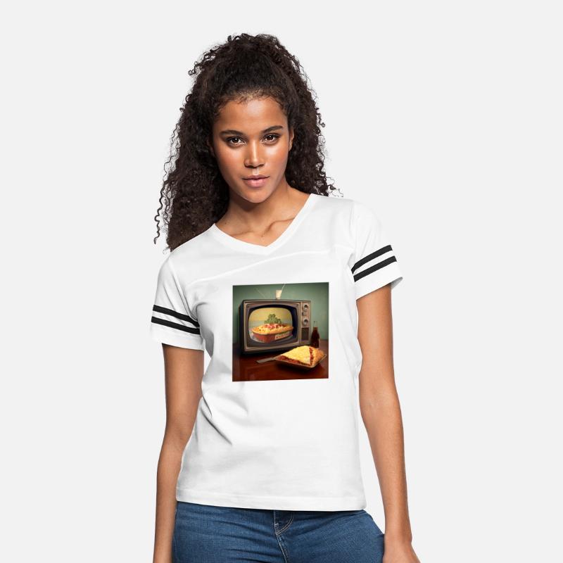 A pizza sitting on top of a pan to a television