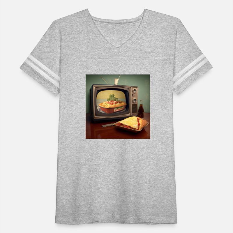 A pizza sitting on top of a pan to a television