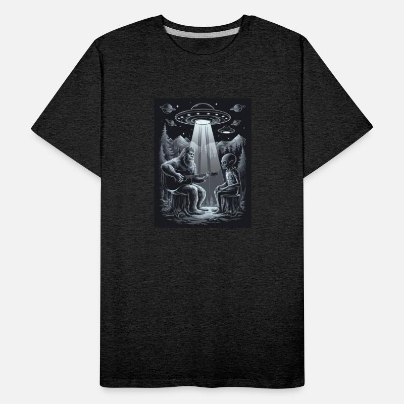 Bigfoot an alien UFOs playing guitar forest night