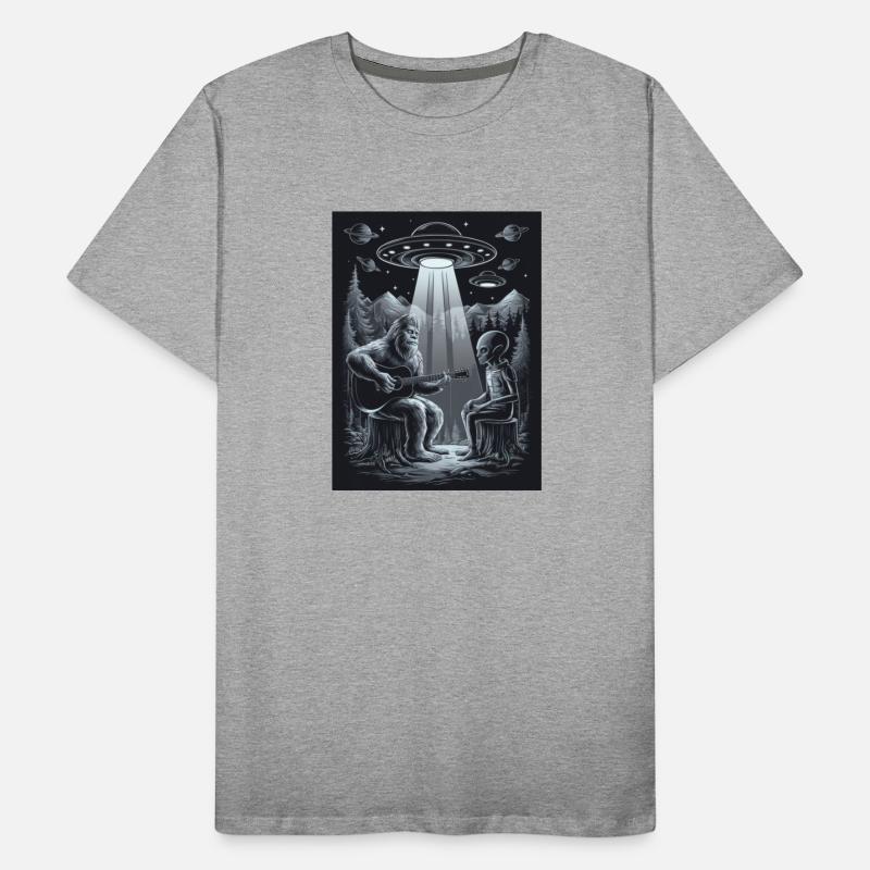 Bigfoot an alien UFOs playing guitar forest night