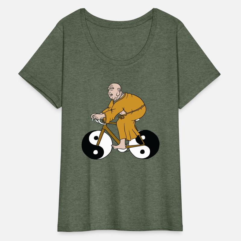 buddha riding bike with yin yang wheels
