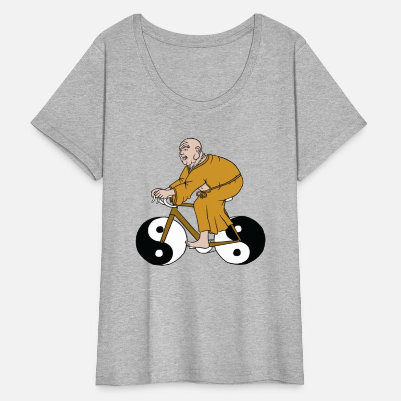 buddha riding bike with yin yang wheels