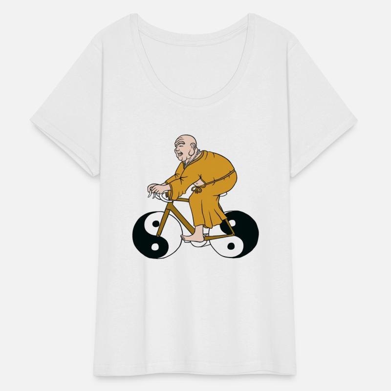 buddha riding bike with yin yang wheels